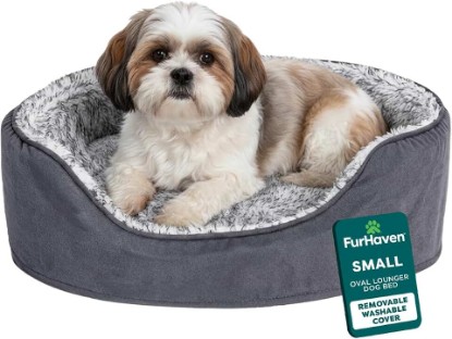 Picture of Furhaven Dog Bed for Small Dogs, Oval Lounger with Soft Pillow Cushion Insert for Cozy Comfort, Removable Washable Cover, Small, Faux Fur & Suede, Gray