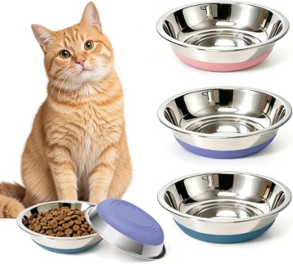 Picture of 3 Pack Stainless Steel Cat Bowls, Cat Dishes Whisker Friendly with Non-Slip Silicone Bottom, Easy to Clean, 5.5" Shallow Wide Cat Food and Water Feeding Bowl for Indoor Outdoor Cats