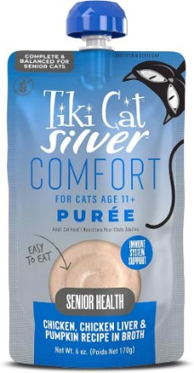 Picture of Tiki Cat Silver Comfort Wet Cat Food, Chicken & Chicken Liver Puree, 6 oz | Wet Cat Food for Senior Cats, Spout Pouch, Easy to Eat, Immune System Support, Chicken, Chicken Liver, High Protein Moisture