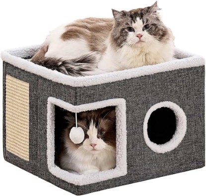 Picture of Large Cat Houses for Indoor Cats with Fluffy Ball and Scratch Pad | Foldable Cat Bed Cave for Multiple Pets, Kitten Bed for All Seasons, Non-slip, Hold Up to 30LBS, 16x16x13inch, Grey