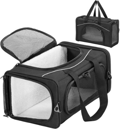 Picture of Petsfit Airline Cat Carrier for Small Cats, Two-Way Placement, Up to 9 lb | 16.5 x 8.6 x 11 in; two-way washable pad; fits pets up to 13 L x 8 H in; reinforced frame, 3 mesh panels and locking zippers. Global Recycled Standard