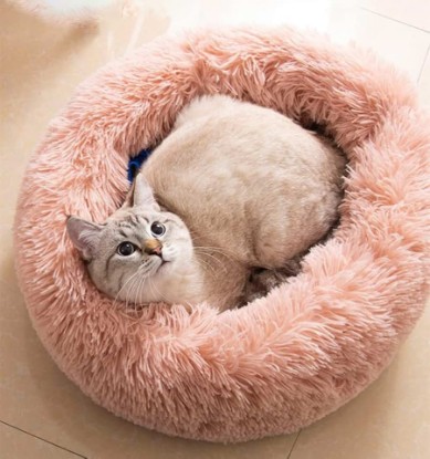 Picture of Cat Beds for Indoor Cats - Cat Bed Washable 20/24 inches, Dog Beds for Small Medium Dogs, Anti Anxiety Round Fluffy Plush Faux Fur Pet Bed, Thick Bottom (Pink, Medium)