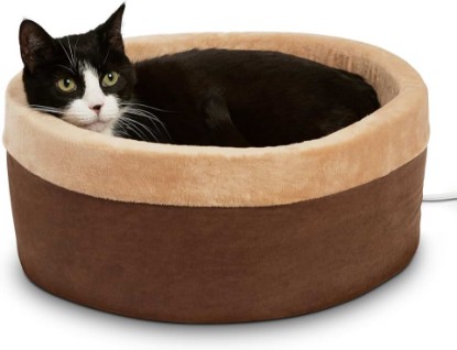 Picture of K&H Heated Cat Bed, Thermo-Kitty Bed Indoor, Safety Listed, Small 16in, 4W | Removable Waterproof Cat Heating Pad, Calming Warming Pillow Pet Bed for Indoor Cats & Dogs, Machine Washable, Mocha/Tan