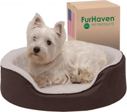 Picture of Furhaven Orthopedic Dog Bed for Medium/Small Dogs w/ Removable Washable Cover, For Dogs Up to 18 lbs - Sherpa & Suede Oval Lounger - Espresso, Medium