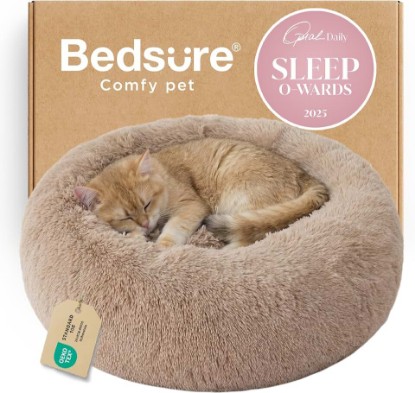 Picture of Bedsure Calming Cat Beds Donut Round Washable Kitten Bed,20 inches Camel | Oprah Daily Award,Fluffy Faux Fur Cuddler,Anti-Slip Bottom,Anti-Anxiety,Deep Sleep for Cats&Small Pets Up to 15 Lbs OEKO-TEX STANDARD 100
