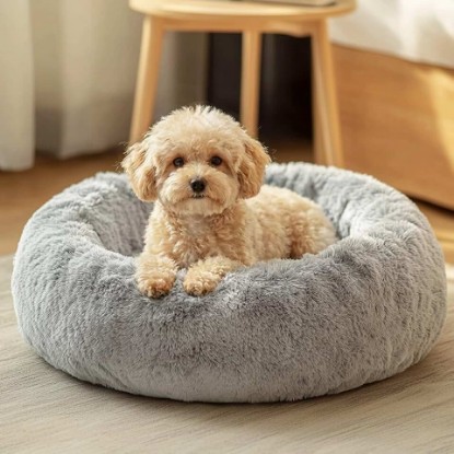Picture of JOLLYVOGUE Small Dog Bed, Calming Dog Beds for Small Dogs & Indoor Cats - 20 Inches Donut Washable Cat Bed for Kittens & Puppies, Round Fluffy Plush Faux Fur Pet Beds(Smoke Grey)
