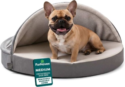 Picture of Furhaven 26" Round Orthopedic Dog Bed for Medium/Small Dogs w/ Removable Washable Cover, For Dogs Up to 30 lbs - Sherpa & Suede Snuggery - Gray, 26-inch