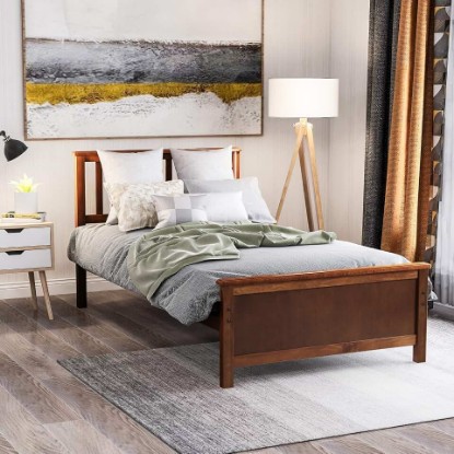 Picture of P PURLOVE Twin Bed Frame Wood Platform Bed with Headboard,Footboard and Wood Slat Support, Walnut