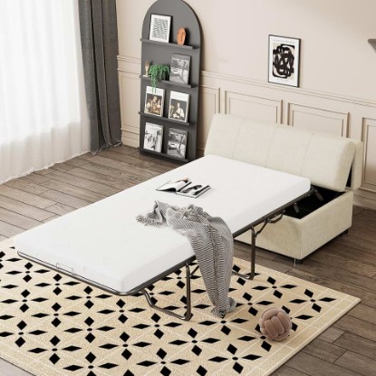 Picture of P PURLOVE Sleeper Bed, Pull Out Ottoman Bed with Mattress, Modern Chenille Folding Sleeper for Living Room, Bedroom and Small Spaces (White)