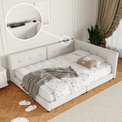 Picture of P PURLOVE Queen Size Corner Bed with USB Ports,L Shaped Corner Daybed Frame for Living Room, Guest Room,Beige