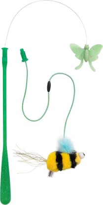 Picture of Catstages Flutter Bug Prey Wand Set Cat Toy with 2 Interchangeable Attachments: Glow-in-the-Dark Moth & Plush Bee with Catnip