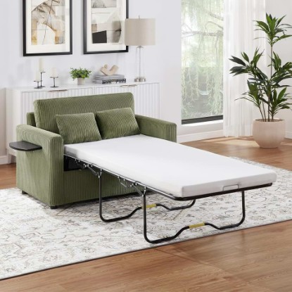 Picture of P PURLOVE Sleeper Sofa Bed, 47.2" L 2-in-1 Pull Out Couch Bed with Mattress, a Foldable Side Table, Loveseat Sleeper for Living Room, Apartment (Green)