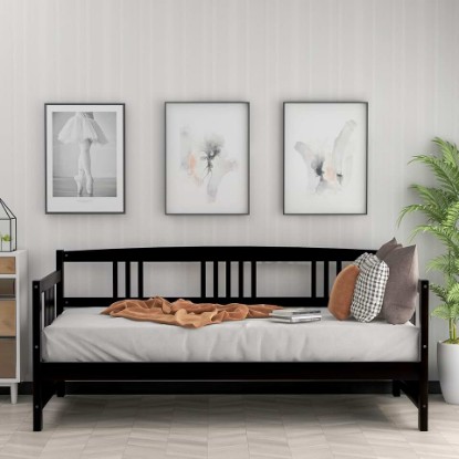 Picture of P PURLOVE Twin Wood Daybed with Rails, Twin Bed Wooden Slats Support Modern Living Daybed, Twin, Espresso