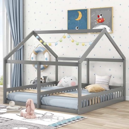 Picture of P PURLOVE Double Twin Bed Frames for 2 Kids,Twin Size Double Floor Bed with Fence Railings,Two Twin Floor Bed Frame for Kids,Teens,Boys & Girls,Gray