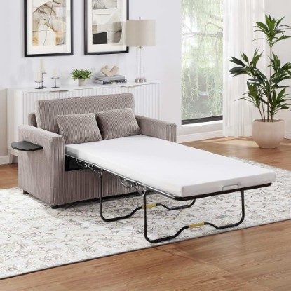 Picture of P PURLOVE Sleeper Sofa Bed, 47.2" L 2-in-1 Pull Out Couch Bed with Mattress, a Foldable Side Table, Loveseat Sleeper for Living Room, Apartment (Grey Brown)