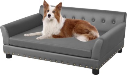 Picture of Large Leather Dog Sofa: Scratch Resistant Pet Couch up to 77lbs | Luxury Modern Indoor Large Dog Furniture, Elevated Wooden Frame Doggie Lounge Bed, Replaceable Cover, Easy Clean, Gray