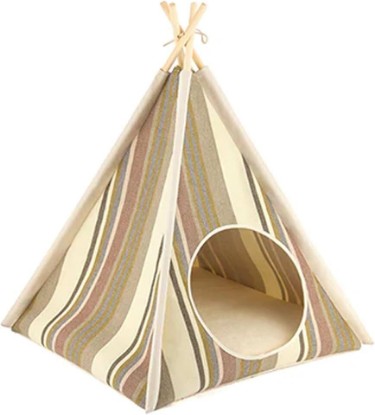 Picture of P.L.A.Y. Seacoast Teepee Tent for Dogs & Cats – Indoor Pet Bed with Pine Wood Poles, Removable Cushion, Non-Toxic Zipper – Eco-Friendly, Washable, Stylish Coastal Design – One Size