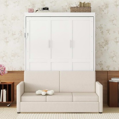 Picture of P PURLOVE Queen Wood Murphy Bed with Sofa, Wall Bed Without Slats, No Box Spring Needed (White)