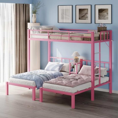 Picture of Bonnlo Metal Triple Bunk Bed Twin Over Twin Over Twin,3 Bunk Beds with Shelves for Kids,Teens and Adults, Detachable 3 Person Bed, No Box Spring Needed,Pink