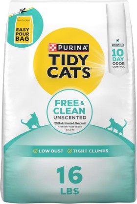 Picture of Purina Tidy Cats Free and Clean Unscented Clumping Cat Litter, 16 lb Bag | Activated charcoal formula delivers powerful odor absorption in an easy-pour design