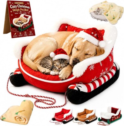 Picture of Christmas Sleigh Dog Bed Washable Plush Pet Bed with Non-Slip Base，#C：L | Santa Sleigh Design, Machine Washable, High-Resilience Foam, Indoor Outdoor Use, Multiple Sizes