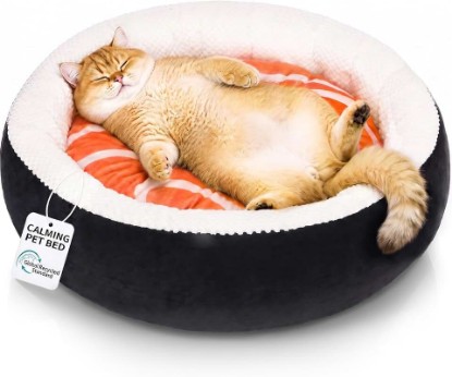 Picture of Sushi Cat Bed, Calming Small Dog Bed 21in, Washable | Anti-Anxiety Cuddler Bed for Kitten & Puppy, Ultra-Soft Plush Fur, Non-Slip Bottom, Machine Washable Cushion Pillow Global Recycled Standard