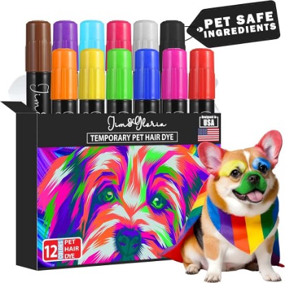 Picture of Jim&Gloria Washable Dog Hair Dye Markers, Pet Safe Grooming Kit, Temporary Fur Paint Animal Pens for Small to Large Boy and Girl Puppy Stuff Accessories, Birthday Gifts to Cat Lovers Set of 12 Color