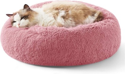 Picture of Bedsure Calming Cat Beds Donut Round Washable Kitten Bed,20 inches | Fluffy Faux Fur Cuddler,Anti-Slip Bottom,Anti-Anxiety,Deep Sleeping for Cats&Small Pets Up to 15 Lbs,Mauve Blush OEKO-TEX STANDARD 100