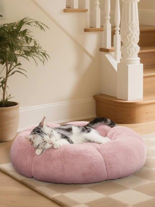 Picture of OhGeni 20 inches Calming Donut Dog & Cat Bed for Small Pets, Warming Comfort Fluffy Short Pile Fur, Durable Machine Washable Round Bed, Cute Round Bed for Puppy and Kitten, Pink Global Recycled Standard