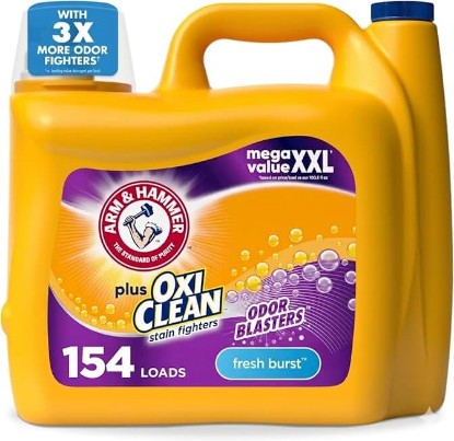 Picture of ARM & HAMMER Plus OxiClean with Odor Blasters Liquid Laundry Detergent | Laundry Odor Remover, Attacks Stains, Fresh Burst Scent, 154 Loads, 200.2 Fl Oz