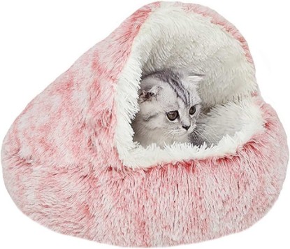 Picture of YUDANSI Cat Bed Hooded for Indoor Cats, Dog Bed with Large Covered Hood for Small Dogs Cats Puppy Kitty, Anti Anxiety Donut Cuddler, Anti Slip Plush Faux Fur Enclosed Pet Nest (Washable)(Pink-20inch)
