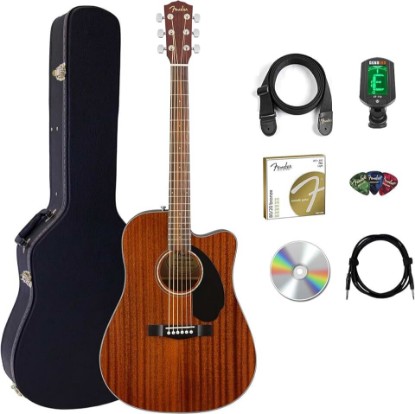 Picture of Fender CD-60SCE Solid Top Dreadnought Acoustic-Electric Guitar - All Mahogany Bundle with Hard Case, Instrument Cable, Strap, Tuner, Picks, Strings, and Austin Bazaar Instructional DVD