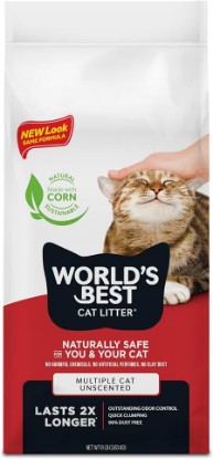 Picture of World's Best Cat Litter Multiple Cat, Unscented, Lasts 2X Longer, 8 lb Bag | Controls tough multi-cat odors and lasts 2x longer; natural corn litter, quick clumping, flushable, 99% dust free