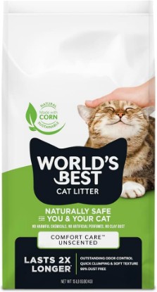 Picture of World's Best Cat Litter Comfort Care, Unscented, Odor Control, 15 lb Bag | Gentle odor control for sensitive cats and lasts 2x longer; natural corn litter, quick clumping, flushable, 99% dust free