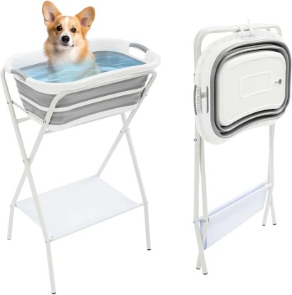 Picture of 2 in 1 Dog Bathtub Small Pet Bathtub with Stand, Foldable Pet Bath with Drainage Tube, Portable Dog Washing Station for Small Dogs Cats, Indoor & Outdoor, 110.23lbs Load, 26'' L×16.5‘’ W×38.8'' H