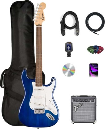 Picture of Fender Squier Sonic Stratocaster Pack - Sapphire Blue Transparent Bundle with Frontman 10G Amp, Gig Bag, Instrument Cable, Strap, Tuner, Picks, and Austin Bazaar Instructional DVD