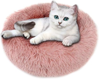 Picture of otoez Kitten Puppy Bed Extra Small XS Round Dog Cat Beds Anti Anxiety Plush Pet Calming Donut Bed with Non-Slip Waterproof Bottom, Washable (15.7", Pink)