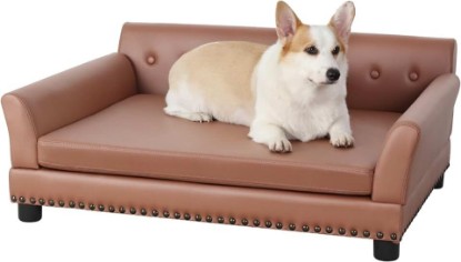 Picture of Large Leather Dog Sofa: Scratch Resistant Pet Couch up to 77lbs | Luxury Modern Indoor Dog Furniture, Elevated Wooden Frame Doggie Lounge Bed for Large Pet, Replaceable Cover, Easy Clean