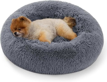Picture of Bedsure Donut Cat Bed Washable Round Anti-Anxiety Small Dog Bed,23x23In | Cat beds for Indoor Cats, Calming Pet Bed, Soft Fluffy Plush Comfy Cuddler, Anti Slip Bottom, Basic Version, Grey OEKO-TEX STANDARD 100