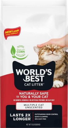Picture of World's Best Cat Litter Multiple Cat, Unscented, Odor Control, 15 lb Bag | Controls tough multi-cat odors and lasts 2x longer; natural corn litter, quick clumping, flushable, 99% dust free