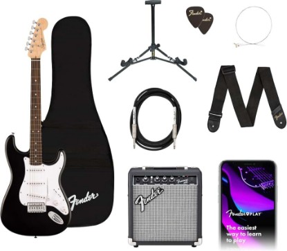 Picture of Fender Squier Debut Stratocaster Beginner Electric Guitar Kit, Matte Black | Complete starter pack with Frontman 10G amp, padded gig bag, strap, free lessons, 2-year warranty included