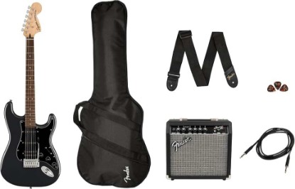 Picture of Squier Affinity Stratocaster Electric Guitar Pack, Charcoal Frost Metallic | Complete starter bundle with amp, beginner-ready setup, Laurel fingerboard, Fender-quality tone, ideal first guitar kit