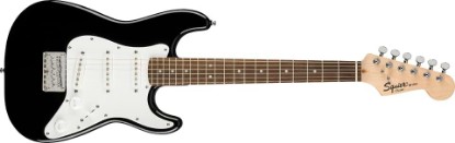 Picture of Squier Mini Stratocaster Beginner Electric Guitar, Short Scale, Black | Short scale kids electric guitar, laurel fingerboard, 2-year warranty, ideal starter, under $200, Fender-backed quality