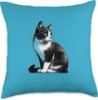 Picture of Cat Series. Graphic Black & White Cat with Blue Highlights. Throw Pillow