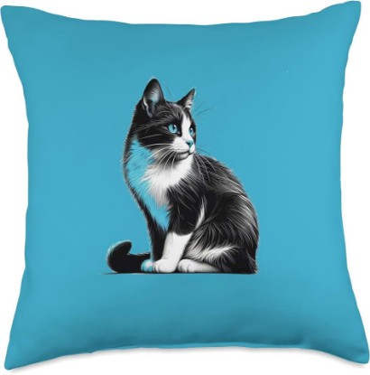 Picture of Cat Series. Graphic Black & White Cat with Blue Highlights. Throw Pillow