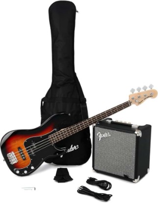 Picture of Fender Squier Affinity Precision Bass Pack, with Amp, 3-Color Sunburst | Beginner bass guitar bundle with Rumble 15 amp, gig bag, laurel fingerboard, electric bass kit