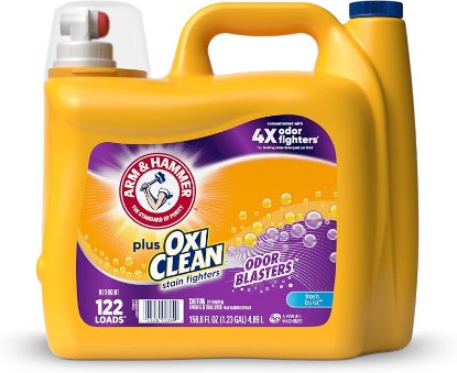 Picture of ARM & HAMMER Plus OxiClean with Odor Blasters Liquid Laundry Detergent | Laundry Odor Remover, Attacks Stains, Fresh Burst Scent, 122 Loads, 158.6 Fl Oz