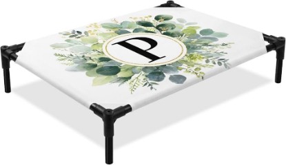 Picture of Letter P Elevated Dog Bed, Alphabet Green Eucalyptus Leaves Simple Outdoor Raised Pet Bed for Dogs Cats, Portable Breathable Cooling Waterproof Pet Cot 28x22 Inch
