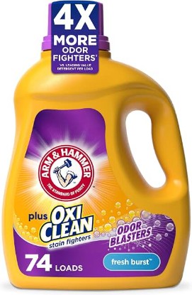 Picture of ARM & HAMMER Plus OxiClean with Odor Blasters Liquid Laundry Detergent | Laundry Odor Remover, Attacks Stains, Fresh Burst Scent, 74 Loads, 96.2 Fl Oz