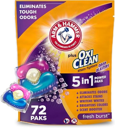 Picture of ARM & HAMMER Plus OxiClean With Odor Blasters Laundry Detergent Pak, 72 Ct | 5-in-1 Benefits, Eliminates Tough Odors, Attacks Tough Stains, Whitens & Brightens, Lasting Freshness, Fresh Burst Scent